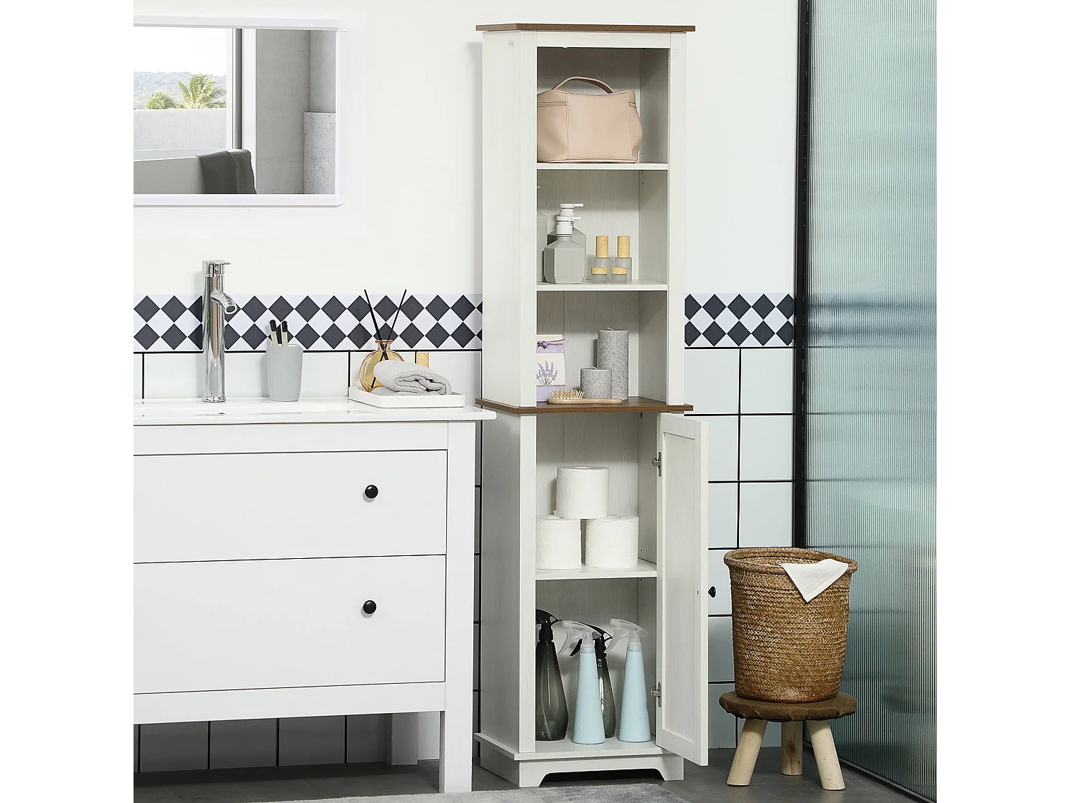 Nesoli Tall Bathroom Storage Cabinet White and Brown 39.5x30x160cm