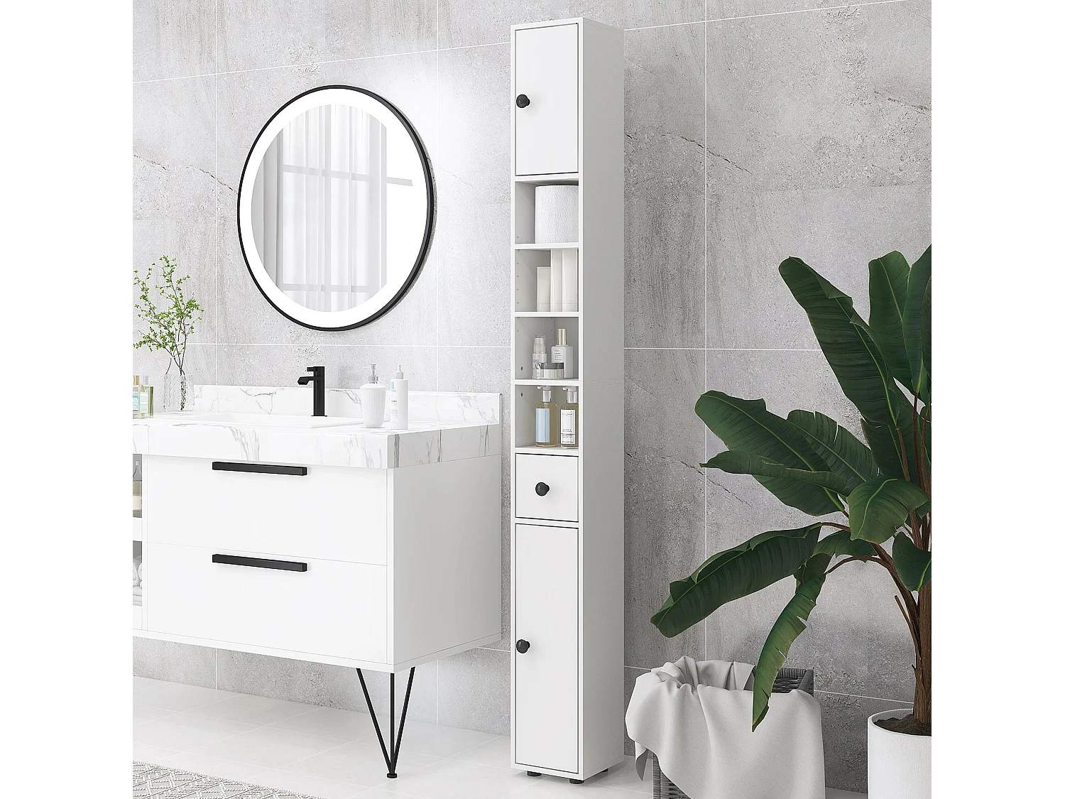 Lakeva Extra Tall Slim Bathroom Storage Cabinet 20cm Wide White