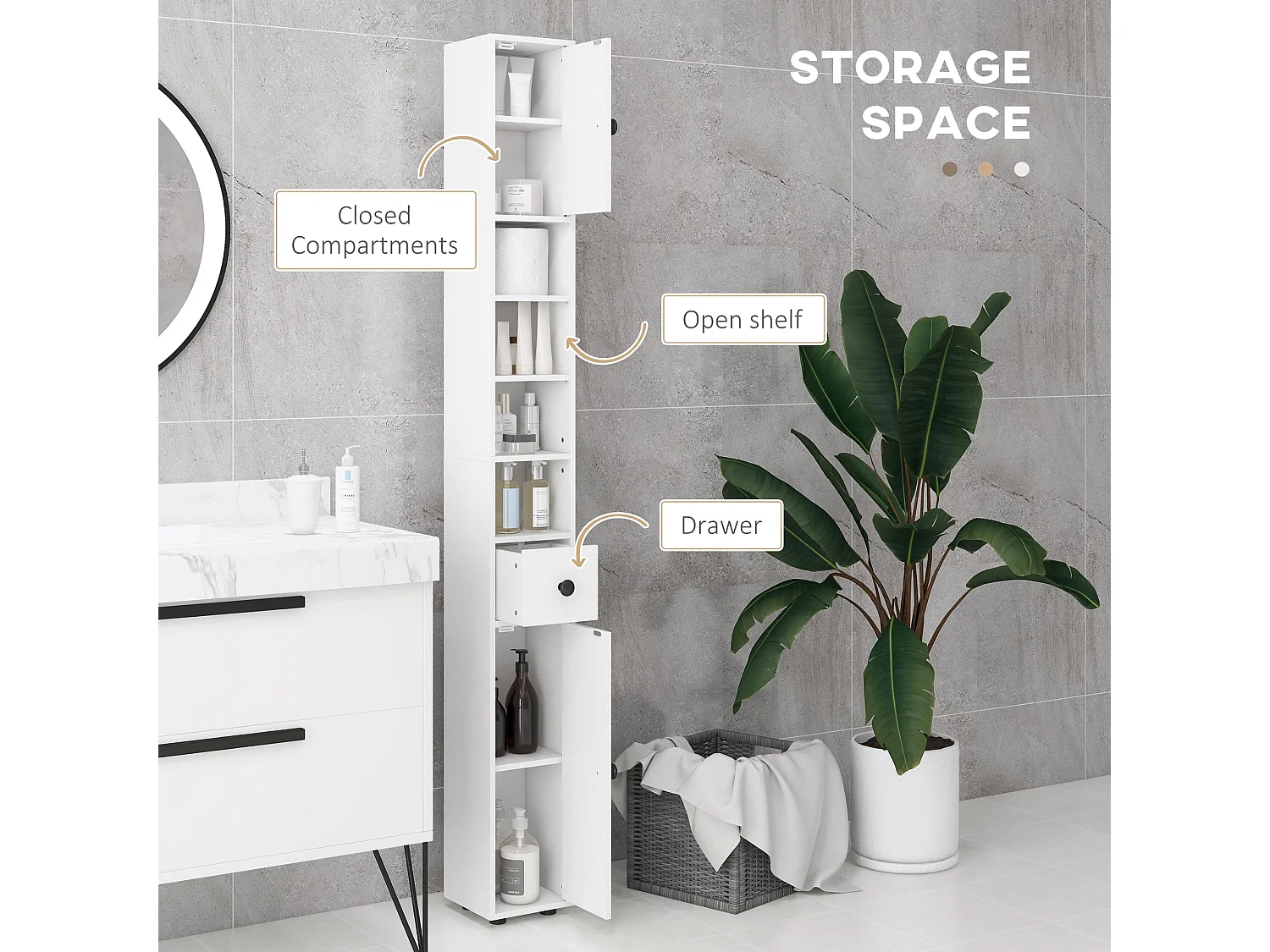 Lakeva Extra Tall Slim Bathroom Storage Cabinet 20cm Wide White
