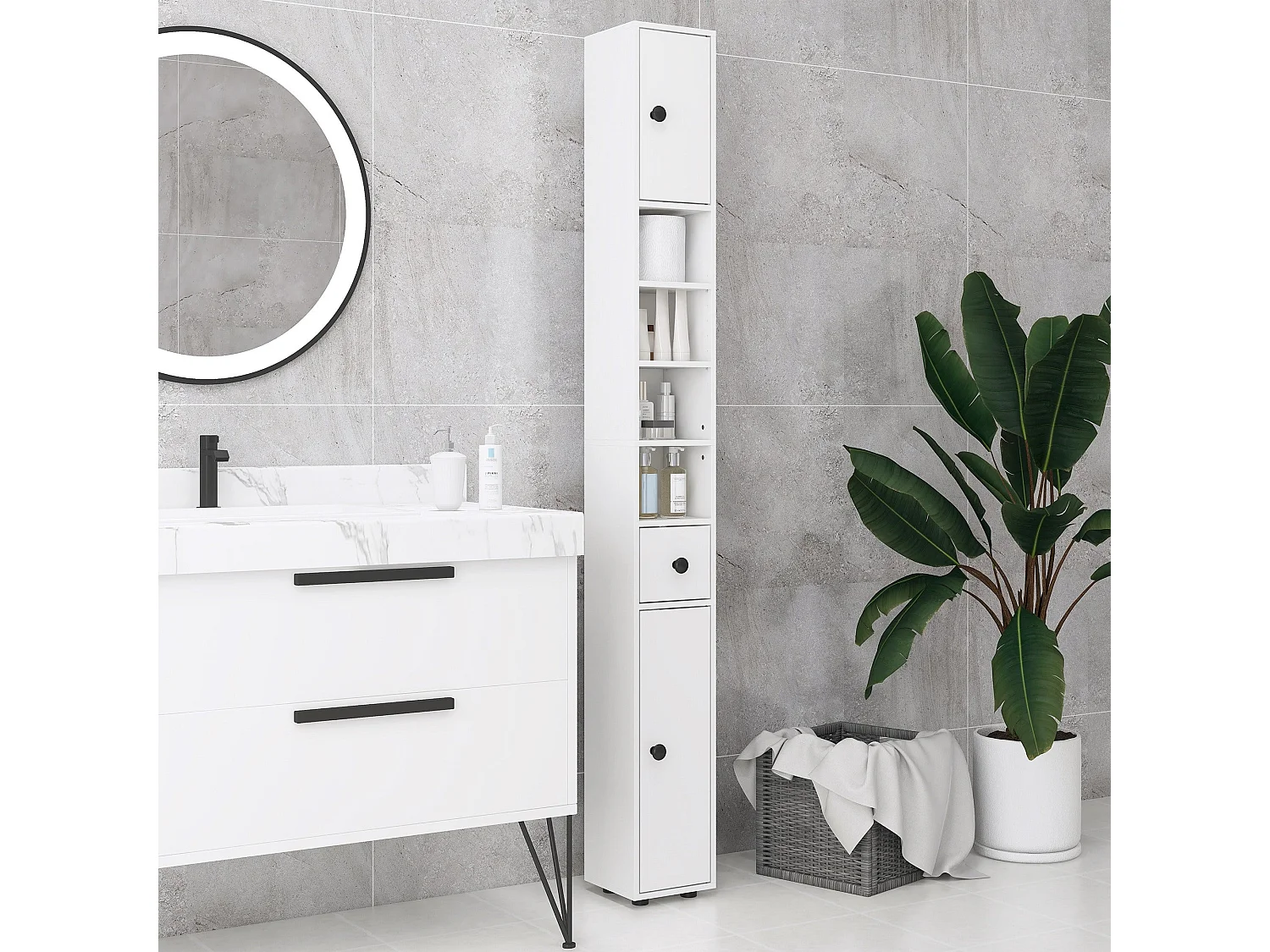 Lakeva Extra Tall Slim Bathroom Storage Cabinet 20cm Wide White