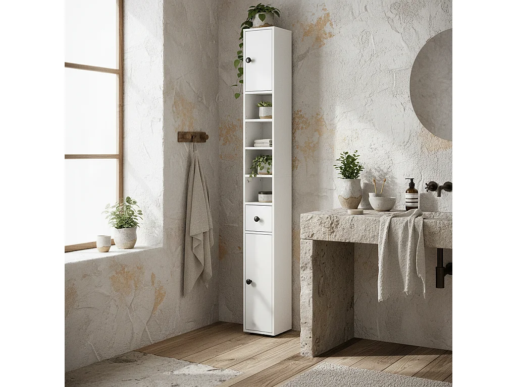 Lakeva Extra Tall Slim Bathroom Storage Cabinet 20cm Wide White
