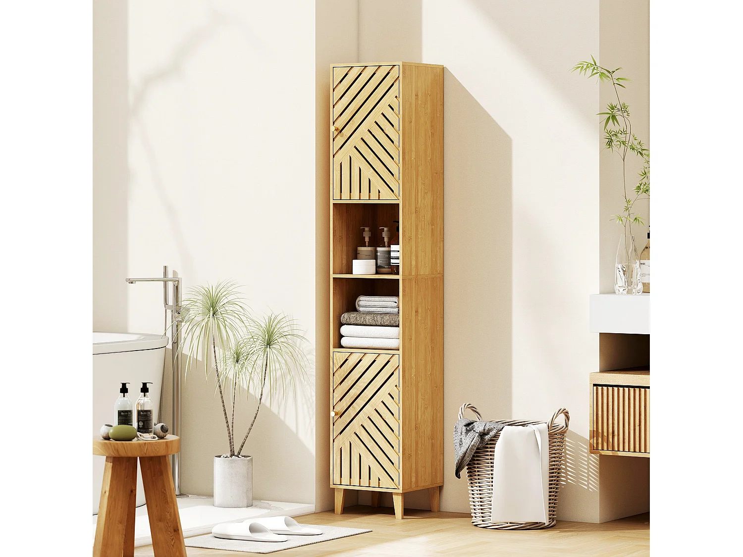 Hami Tall Bathroom Cabinet with Bamboo Doors Natural Finish