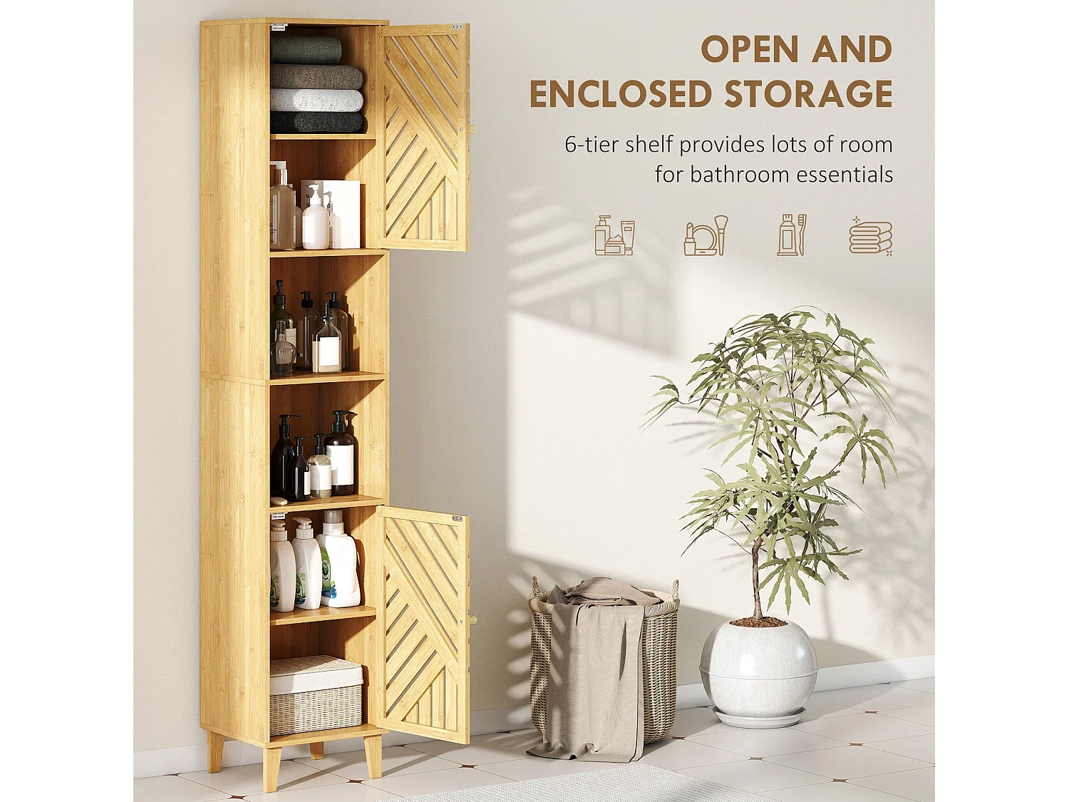 Hami Tall Bathroom Cabinet with Bamboo Doors Natural Finish