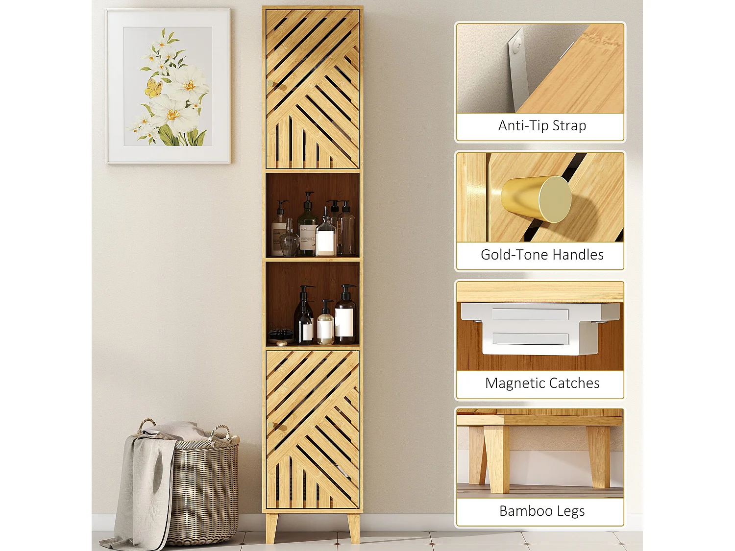 Hami Tall Bathroom Cabinet with Bamboo Doors Natural Finish