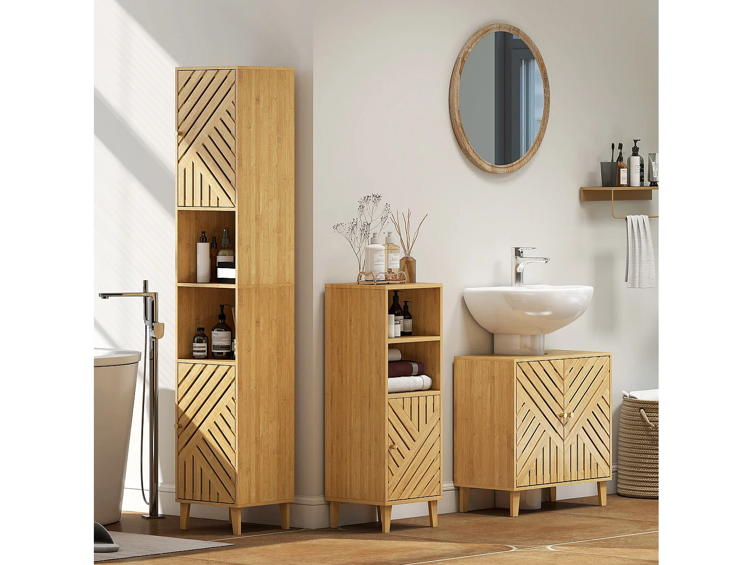 Hami Tall Bathroom Cabinet with Bamboo Doors Natural Finish