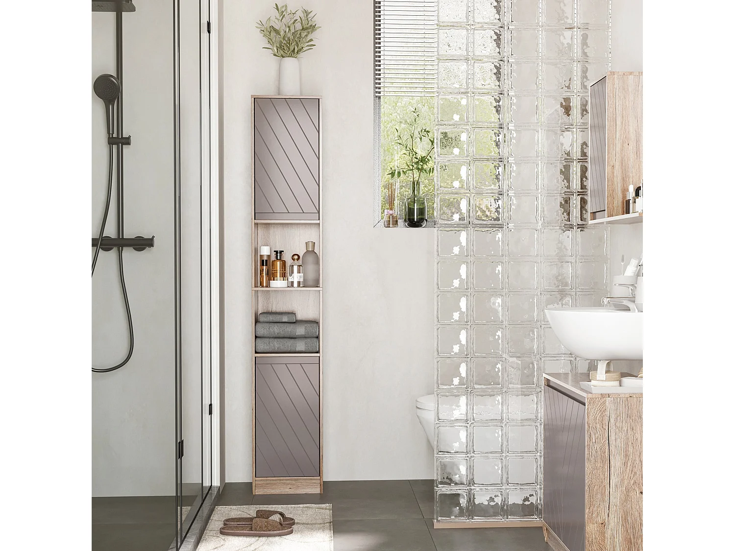 Kaeldo Slim Bathroom Storage Cabinet Grey and Oak 170x30x24cm
