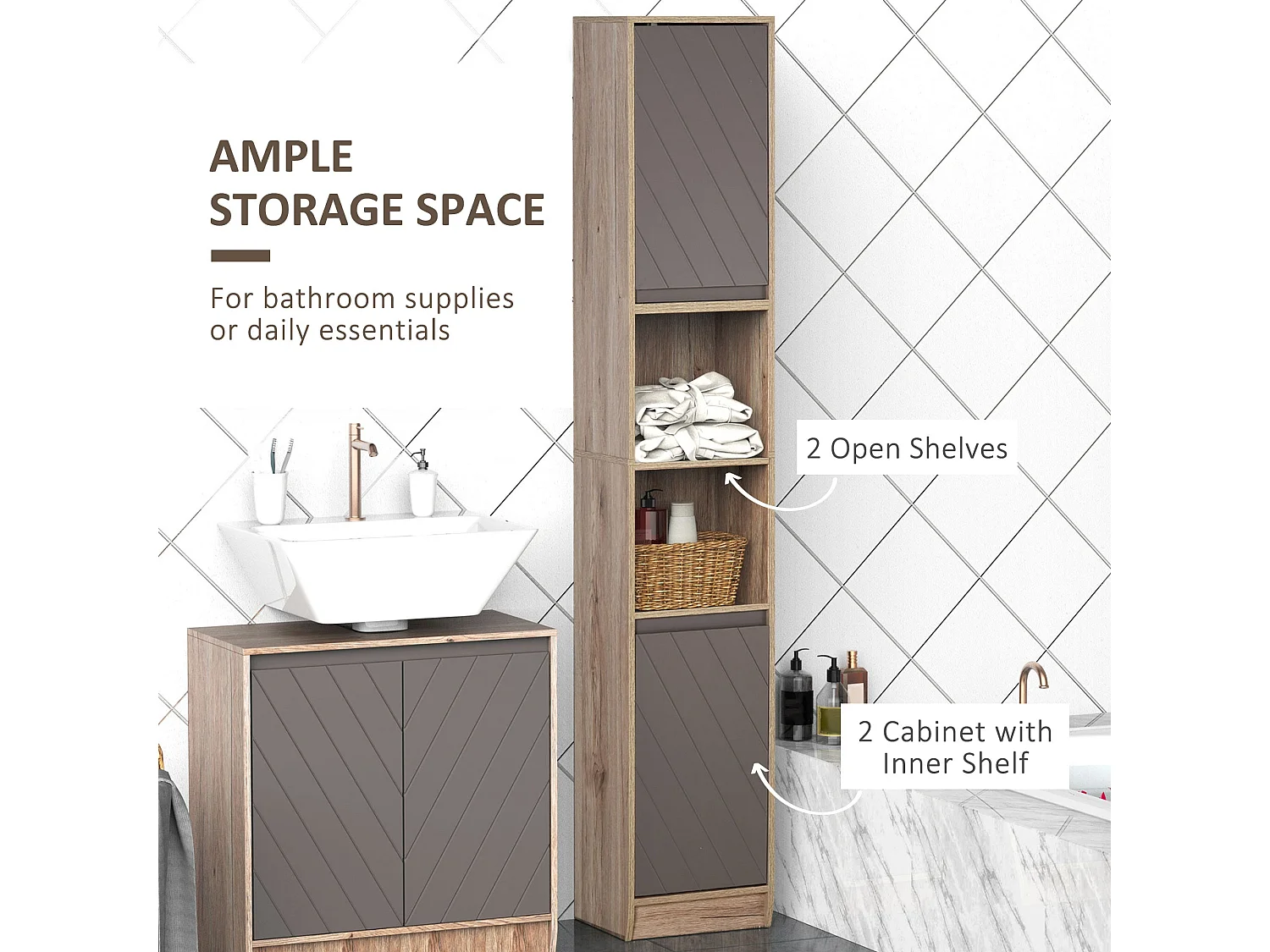 Kaeldo Slim Bathroom Storage Cabinet Grey and Oak 170x30x24cm
