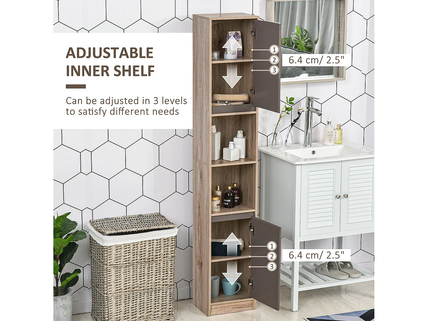 Kaeldo Slim Bathroom Storage Cabinet Grey and Oak 170x30x24cm