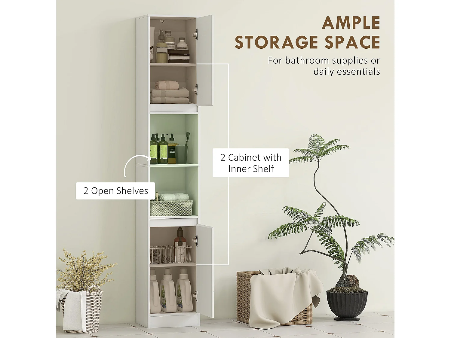 Fibava Slim Freestanding Bathroom Storage Cabinet White 30 x 24 x 170cm