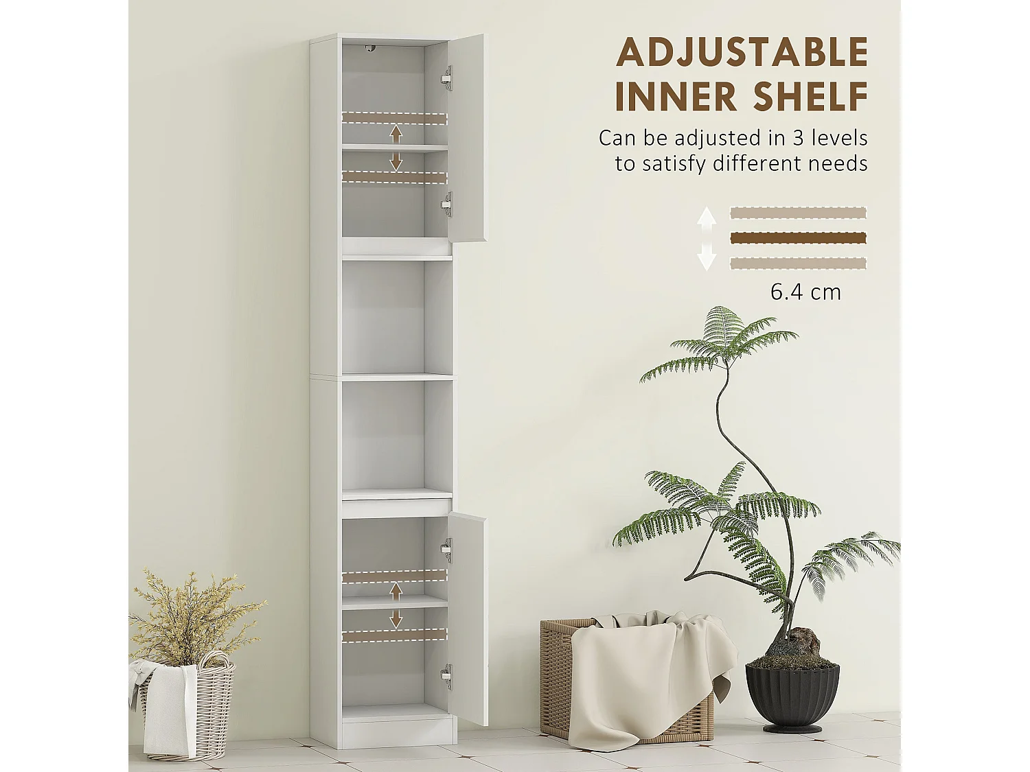 Fibava Slim Freestanding Bathroom Storage Cabinet White 30 x 24 x 170cm