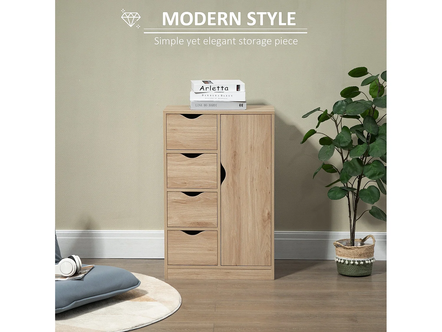 Lala Natural Wood Effect Freestanding Storage Cabinet 4 Drawers with Lower Cupboard