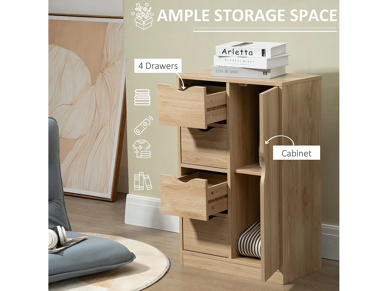 Lala Natural Wood Effect Freestanding Storage Cabinet 4 Drawers with Lower Cupboard