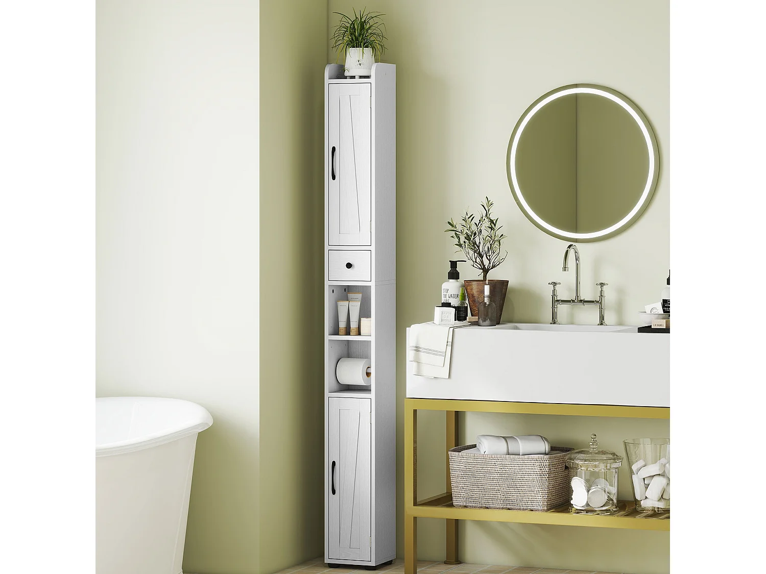Mittori Farmhouse Slim Tall Bathroom Cabinet with Barn Doors and Toilet Roll Holder White