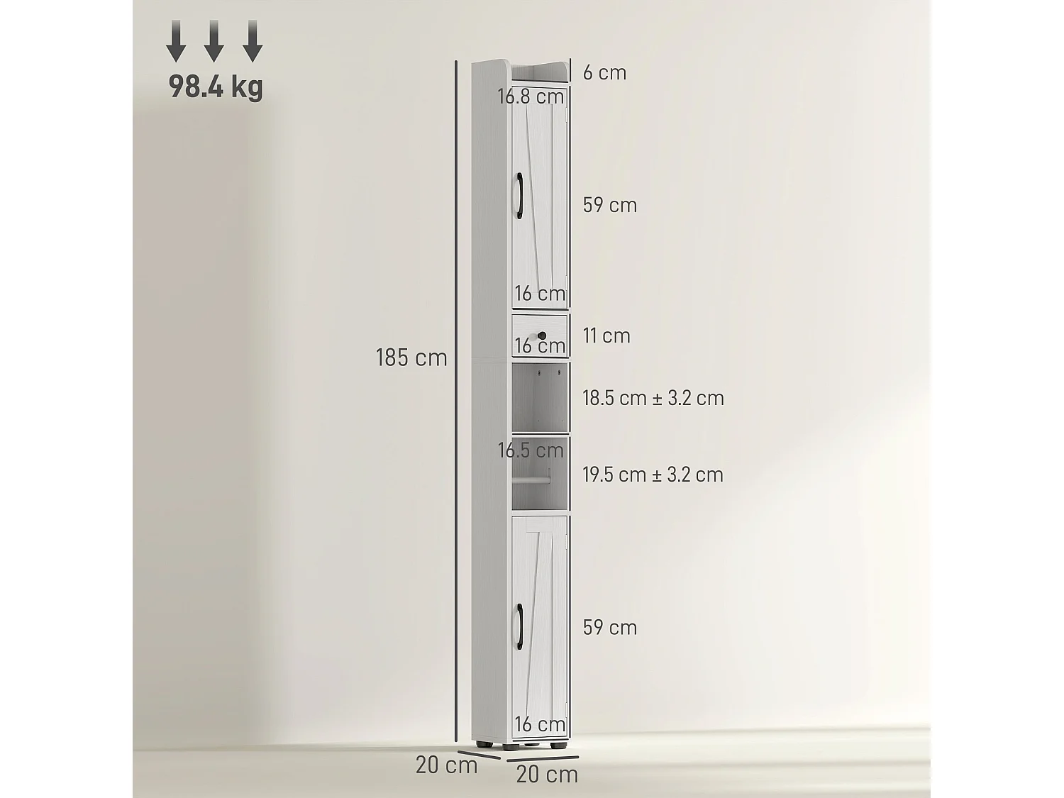 Mittori Farmhouse Slim Tall Bathroom Cabinet with Barn Doors and Toilet Roll Holder White