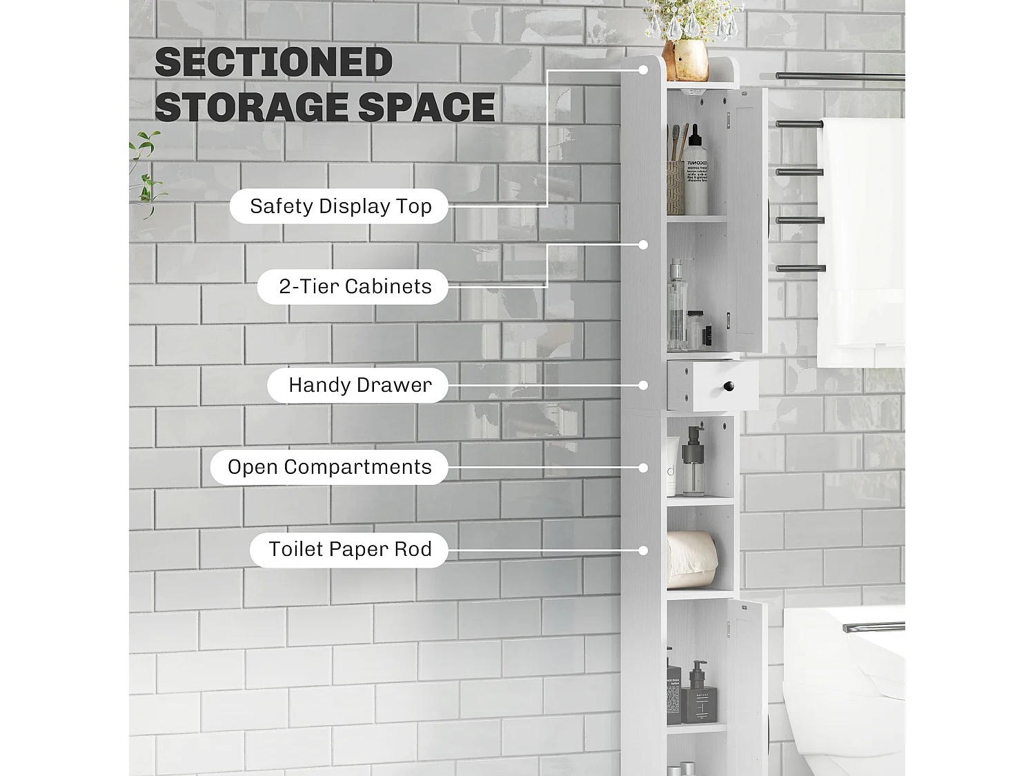 Mittori Farmhouse Slim Tall Bathroom Cabinet with Barn Doors and Toilet Roll Holder White