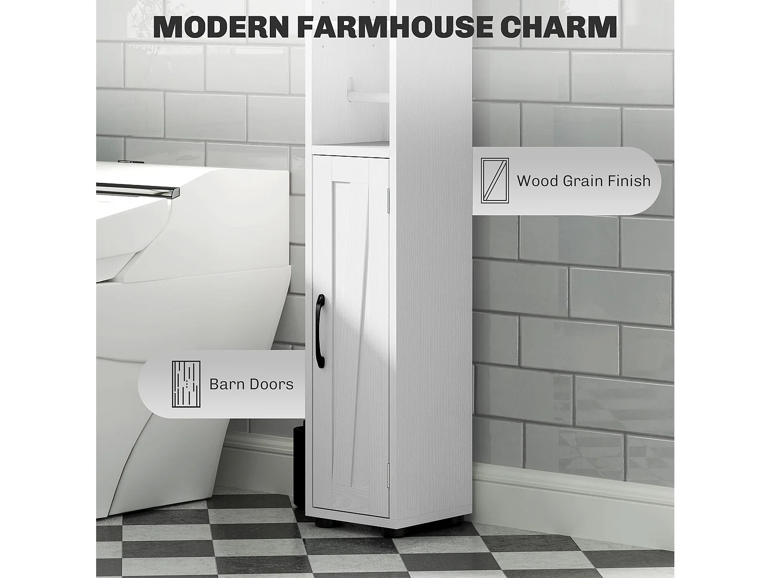 Mittori Farmhouse Slim Tall Bathroom Cabinet with Barn Doors and Toilet Roll Holder White