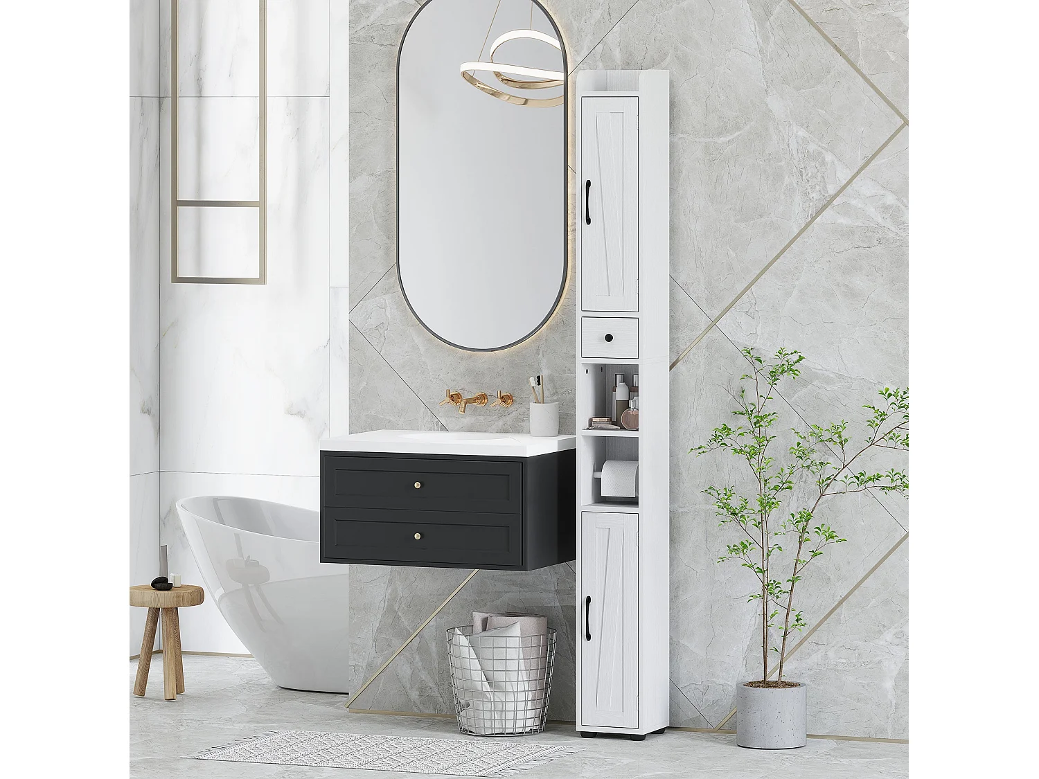 Mittori Farmhouse Slim Tall Bathroom Cabinet with Barn Doors and Toilet Roll Holder White