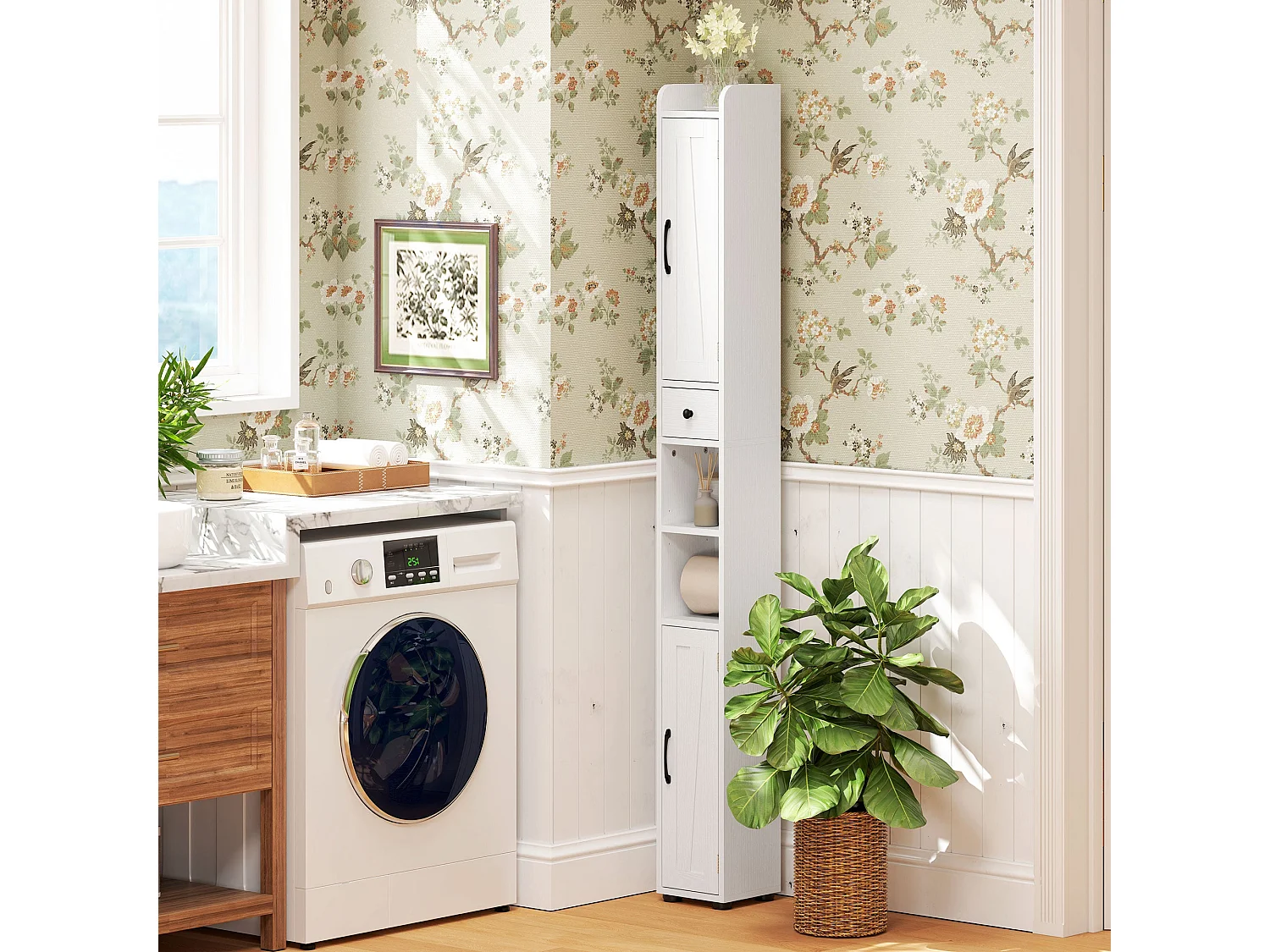 Mittori Farmhouse Slim Tall Bathroom Cabinet with Barn Doors and Toilet Roll Holder White
