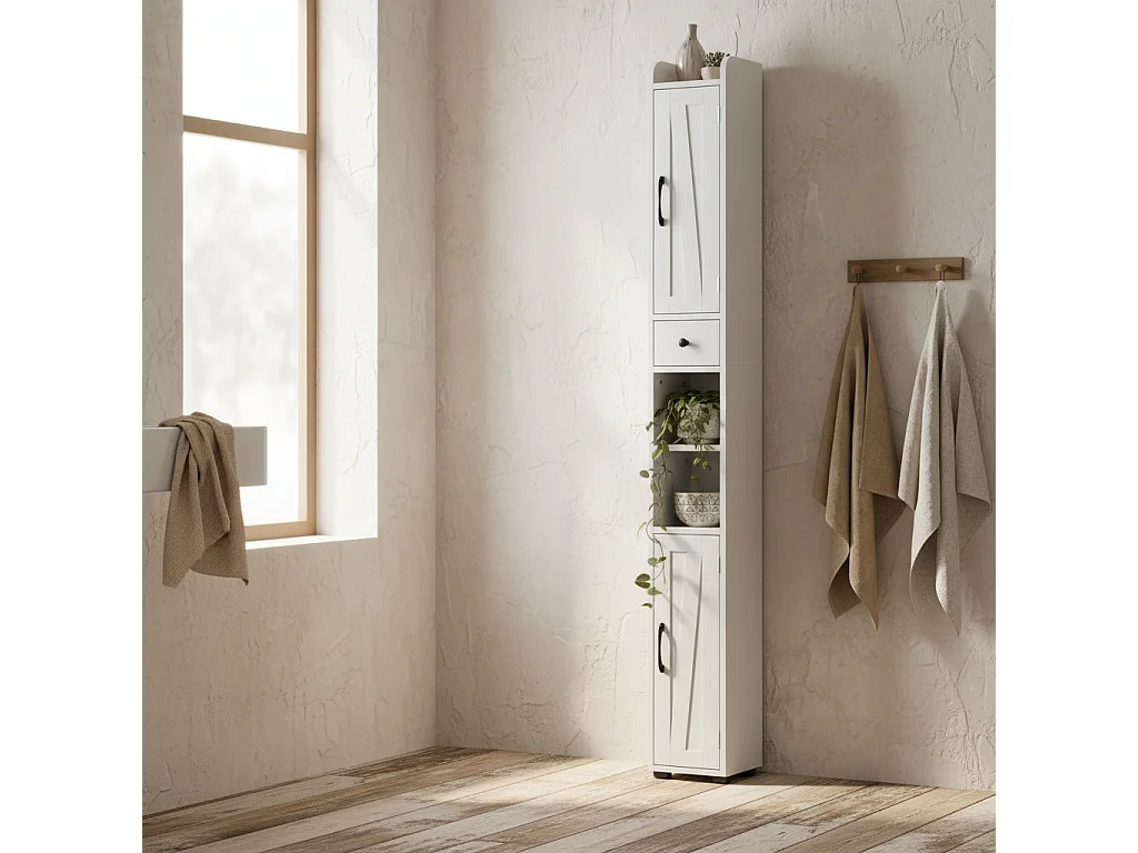 Mittori Farmhouse Slim Tall Bathroom Cabinet with Barn Doors and Toilet Roll Holder White