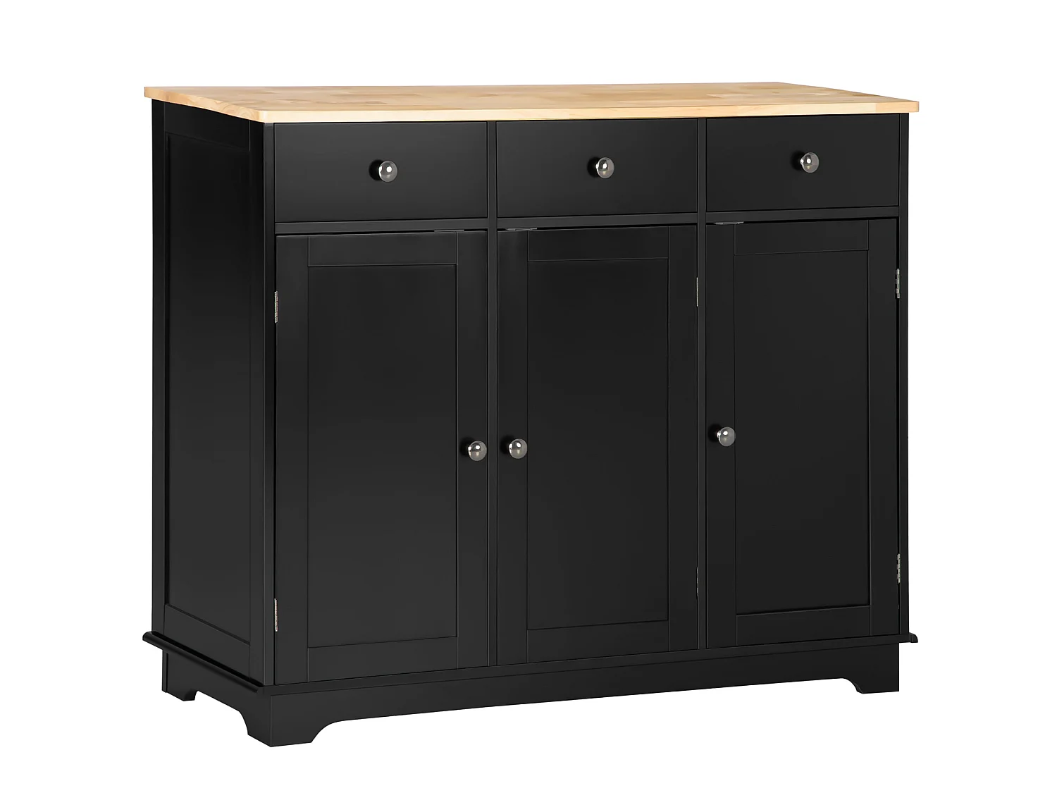 Totoro Black Sideboard with Natural Rubberwood Top 3 Doors 3 Drawers 3 Shelves