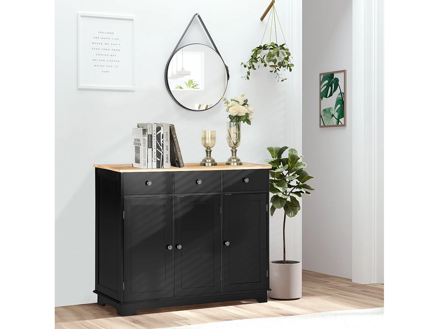 Totoro Black Sideboard with Natural Rubberwood Top 3 Doors 3 Drawers 3 Shelves