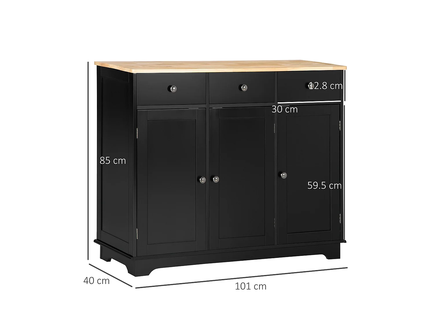 Totoro Black Sideboard with Natural Rubberwood Top 3 Doors 3 Drawers 3 Shelves