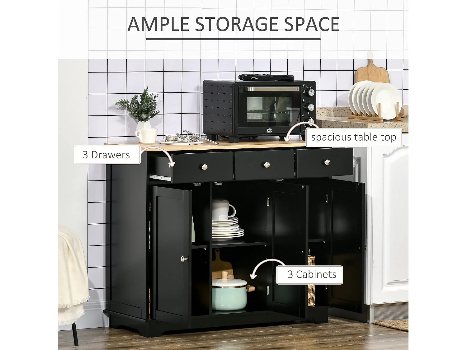 Totoro Black Sideboard with Natural Rubberwood Top 3 Doors 3 Drawers 3 Shelves
