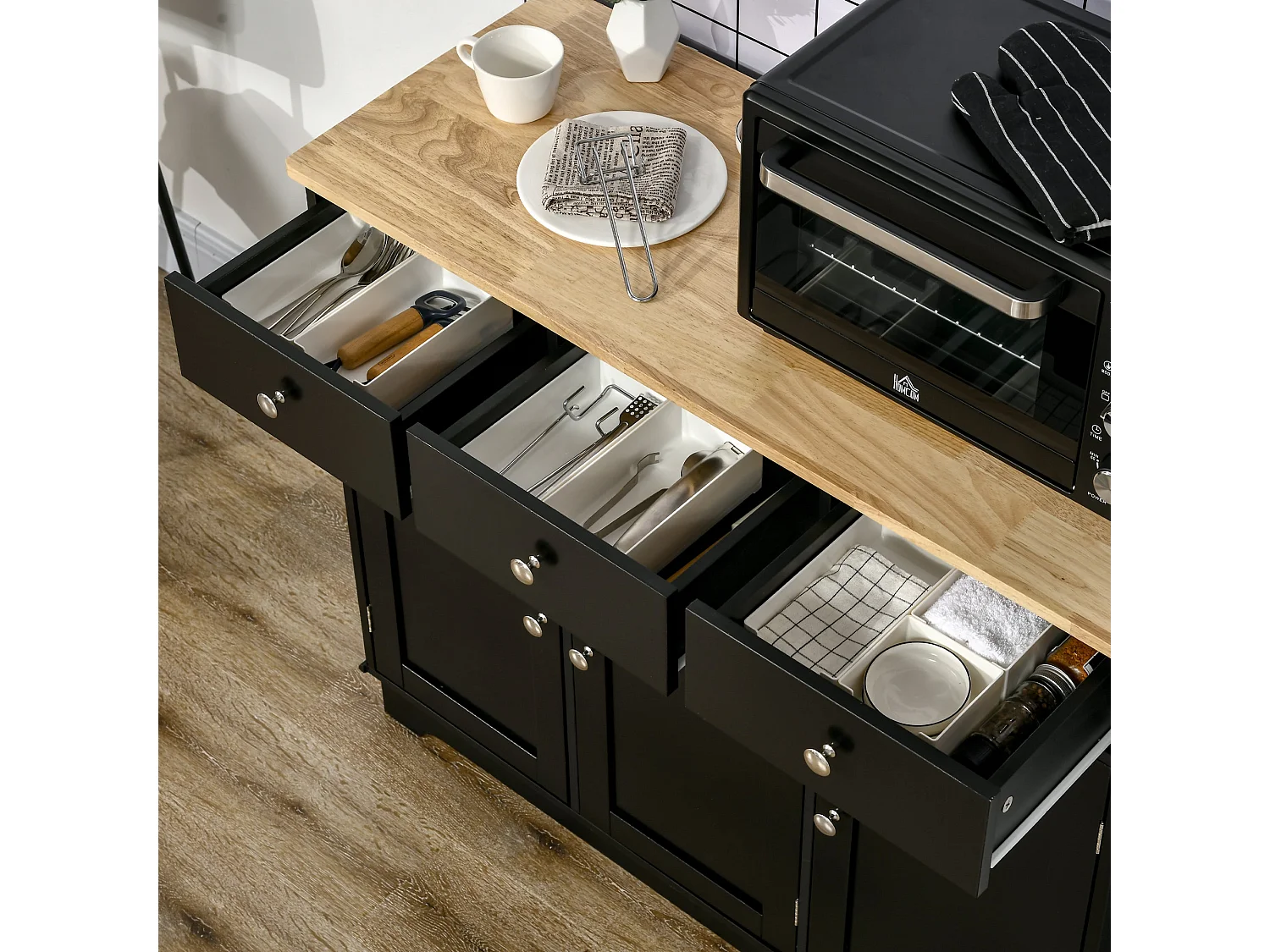 Totoro Black Sideboard with Natural Rubberwood Top 3 Doors 3 Drawers 3 Shelves
