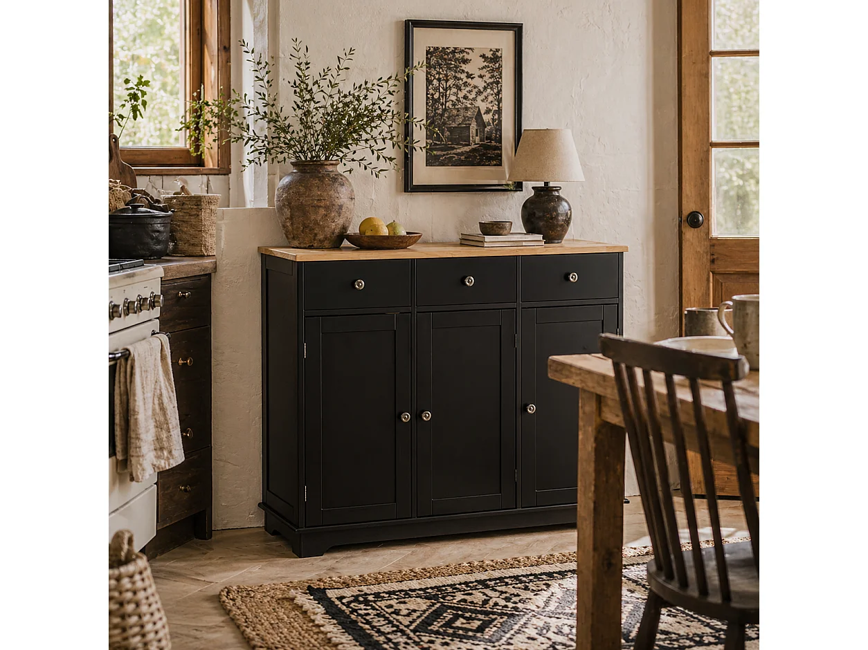 Totoro Black Sideboard with Natural Rubberwood Top 3 Doors 3 Drawers 3 Shelves