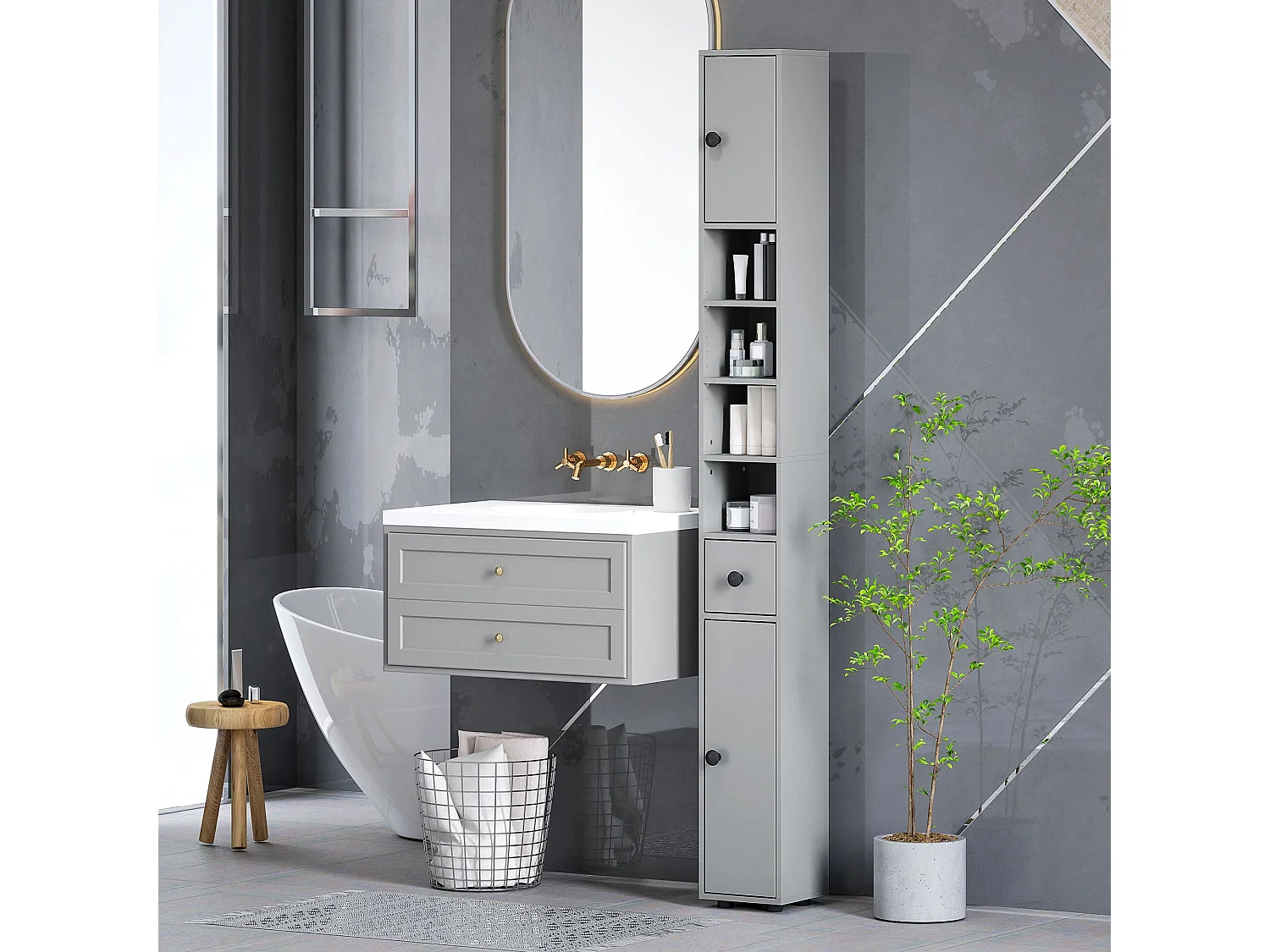 Tasere Slim Tall Bathroom Storage Cabinet Grey Drawers Shelves Cupboards