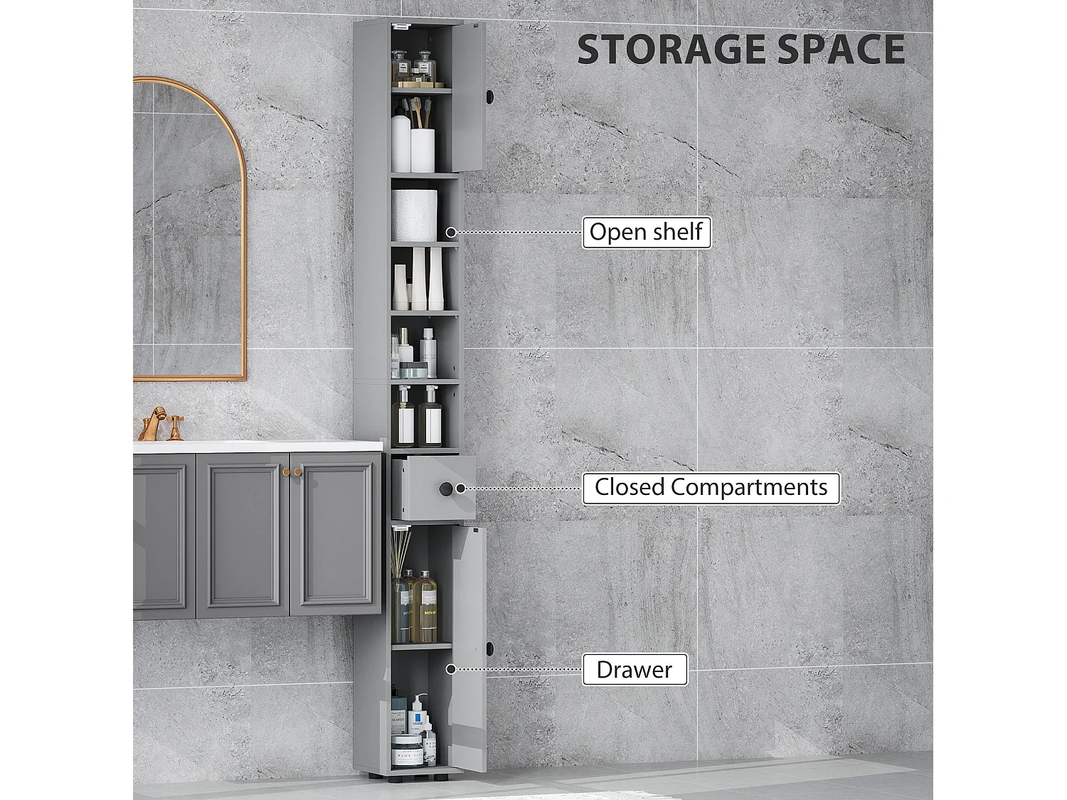 Tasere Slim Tall Bathroom Storage Cabinet Grey Drawers Shelves Cupboards