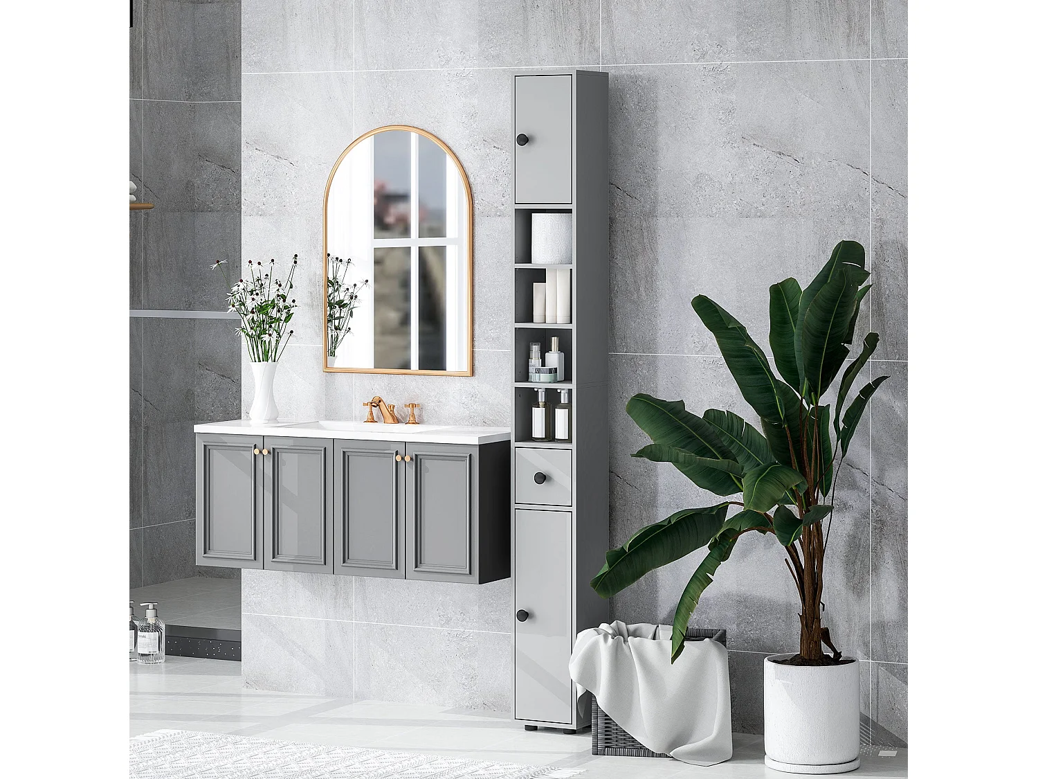 Tasere Slim Tall Bathroom Storage Cabinet Grey Drawers Shelves Cupboards