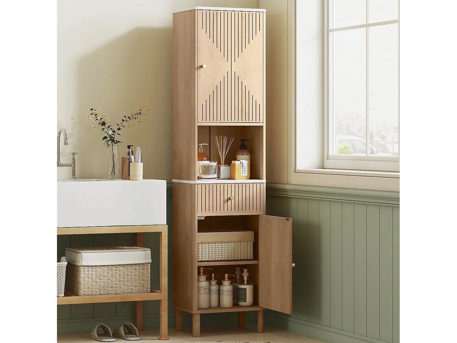 Fasu Slim Tall Bathroom Cabinet Oak Wood Effect with Soft Close Drawer