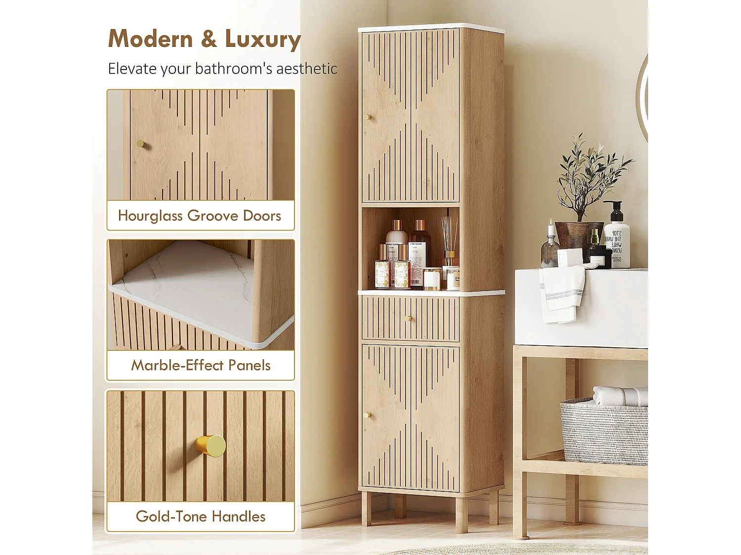 Fasu Slim Tall Bathroom Cabinet Oak Wood Effect with Soft Close Drawer