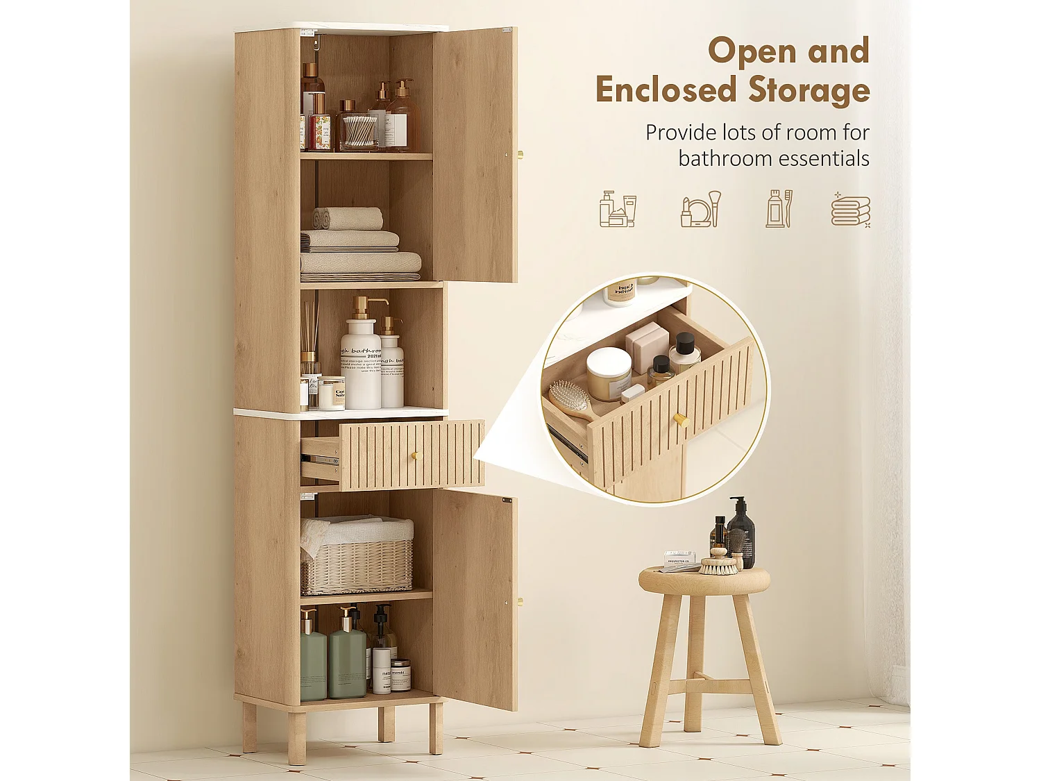 Fasu Slim Tall Bathroom Cabinet Oak Wood Effect with Soft Close Drawer