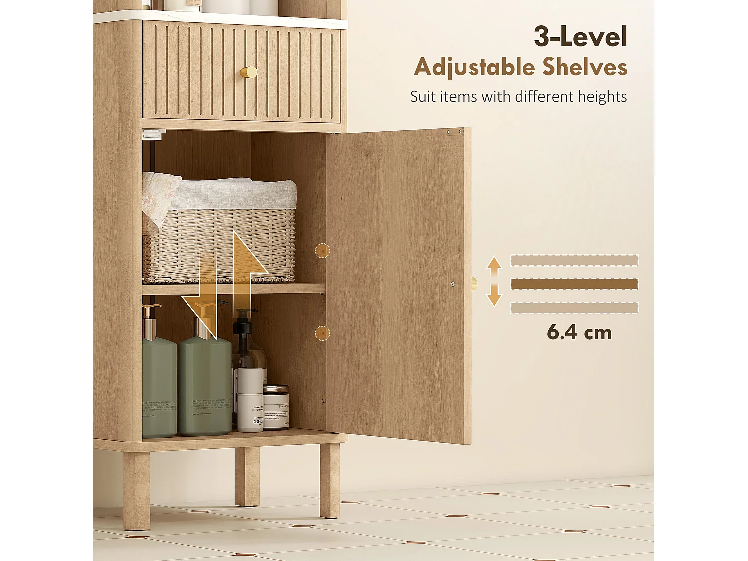 Fasu Slim Tall Bathroom Cabinet Oak Wood Effect with Soft Close Drawer