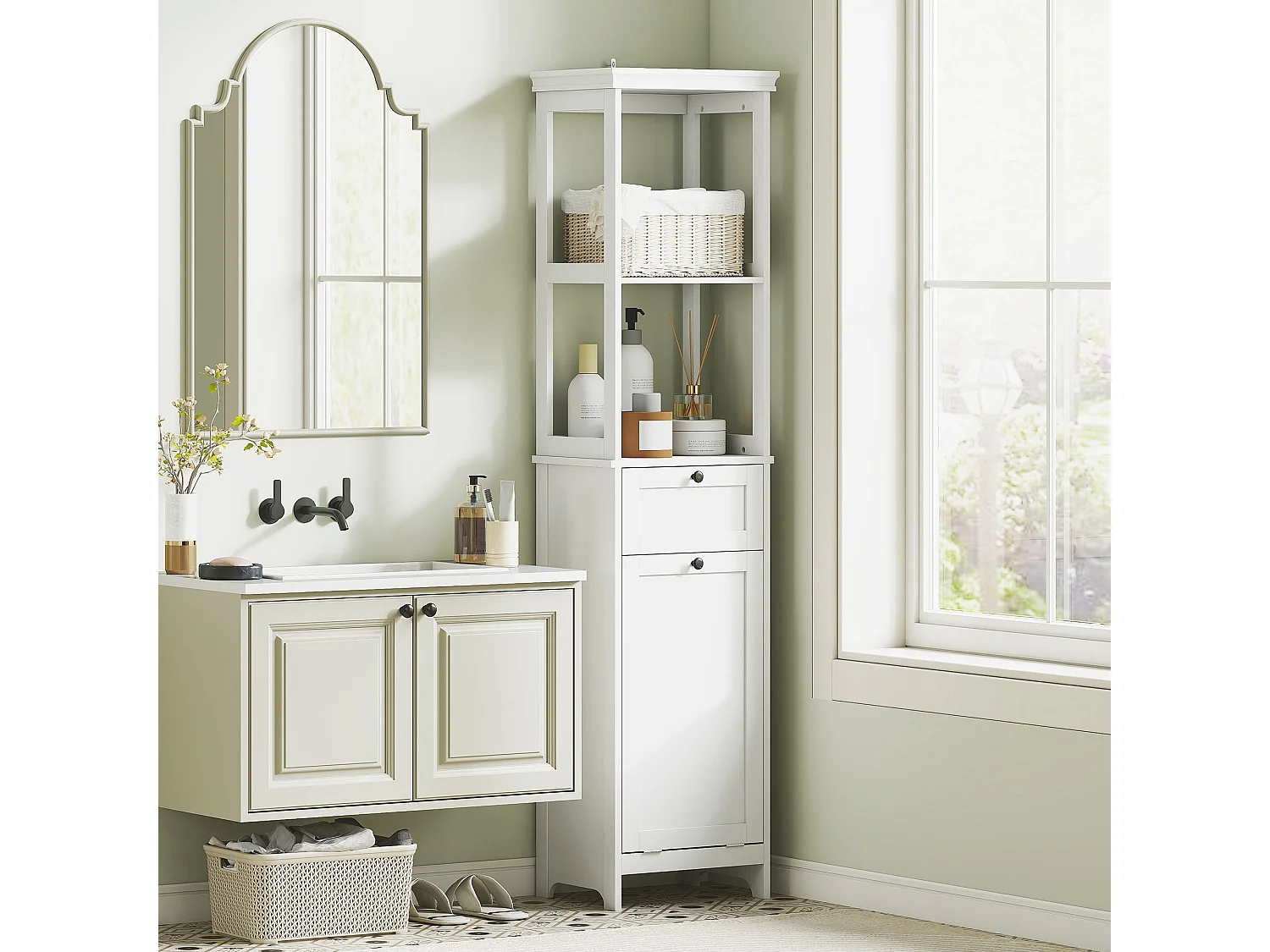 Elnova Tall Bathroom Storage Cabinet with 30L Integrated Laundry Basket White
