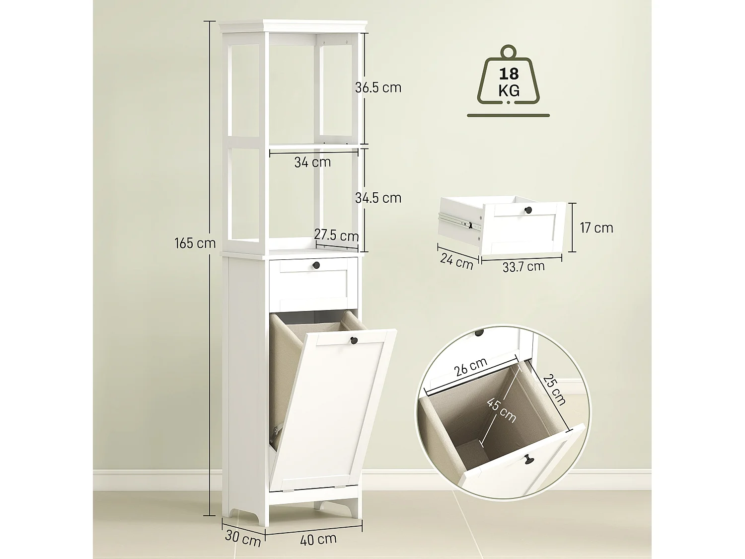 Elnova Tall Bathroom Storage Cabinet with 30L Integrated Laundry Basket White