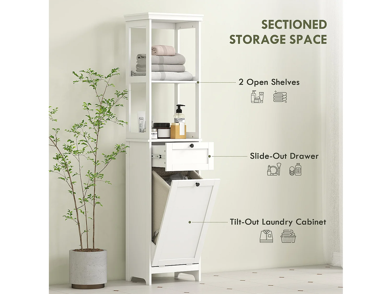Elnova Tall Bathroom Storage Cabinet with 30L Integrated Laundry Basket White