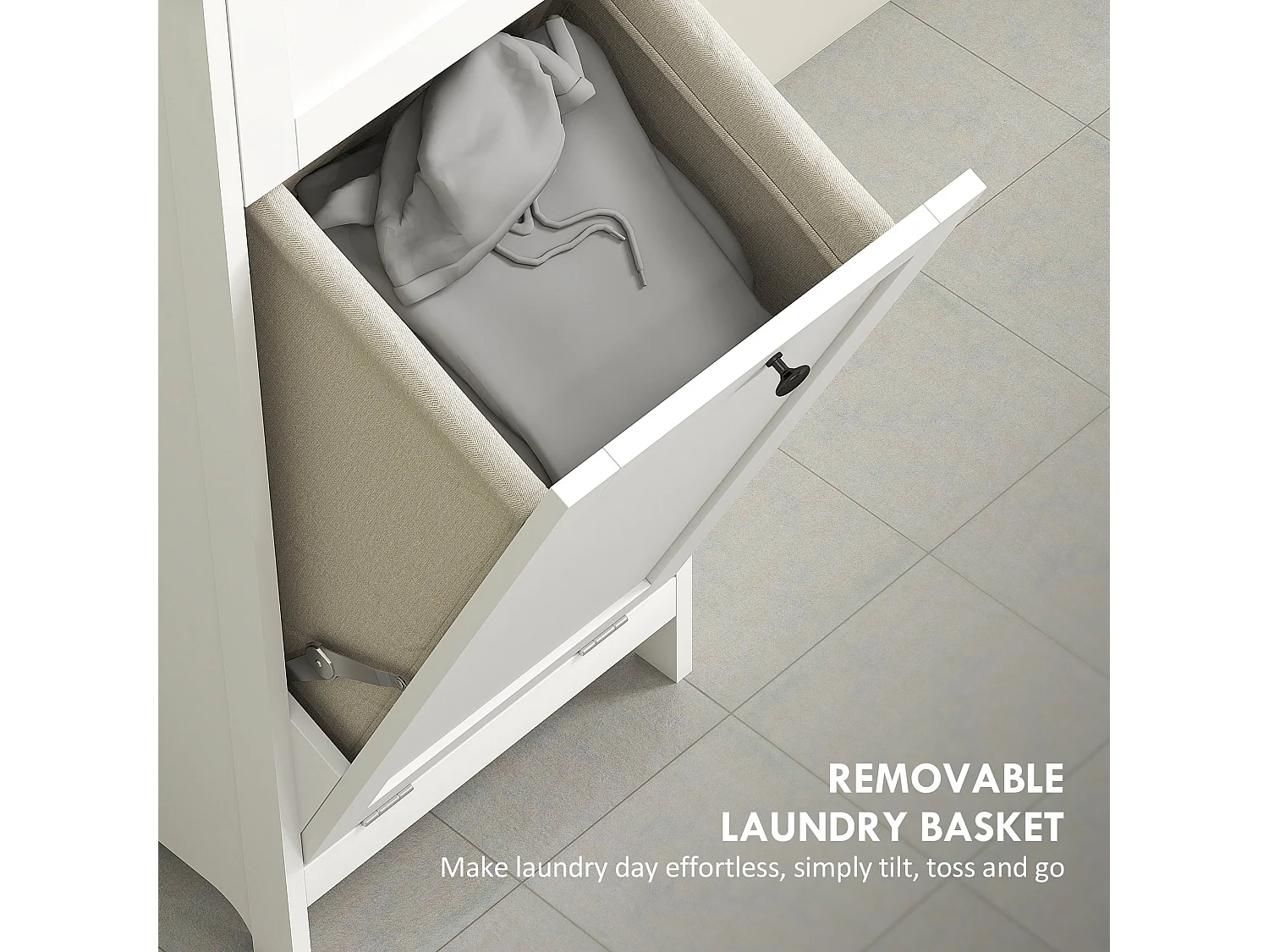 Elnova Tall Bathroom Storage Cabinet with 30L Integrated Laundry Basket White