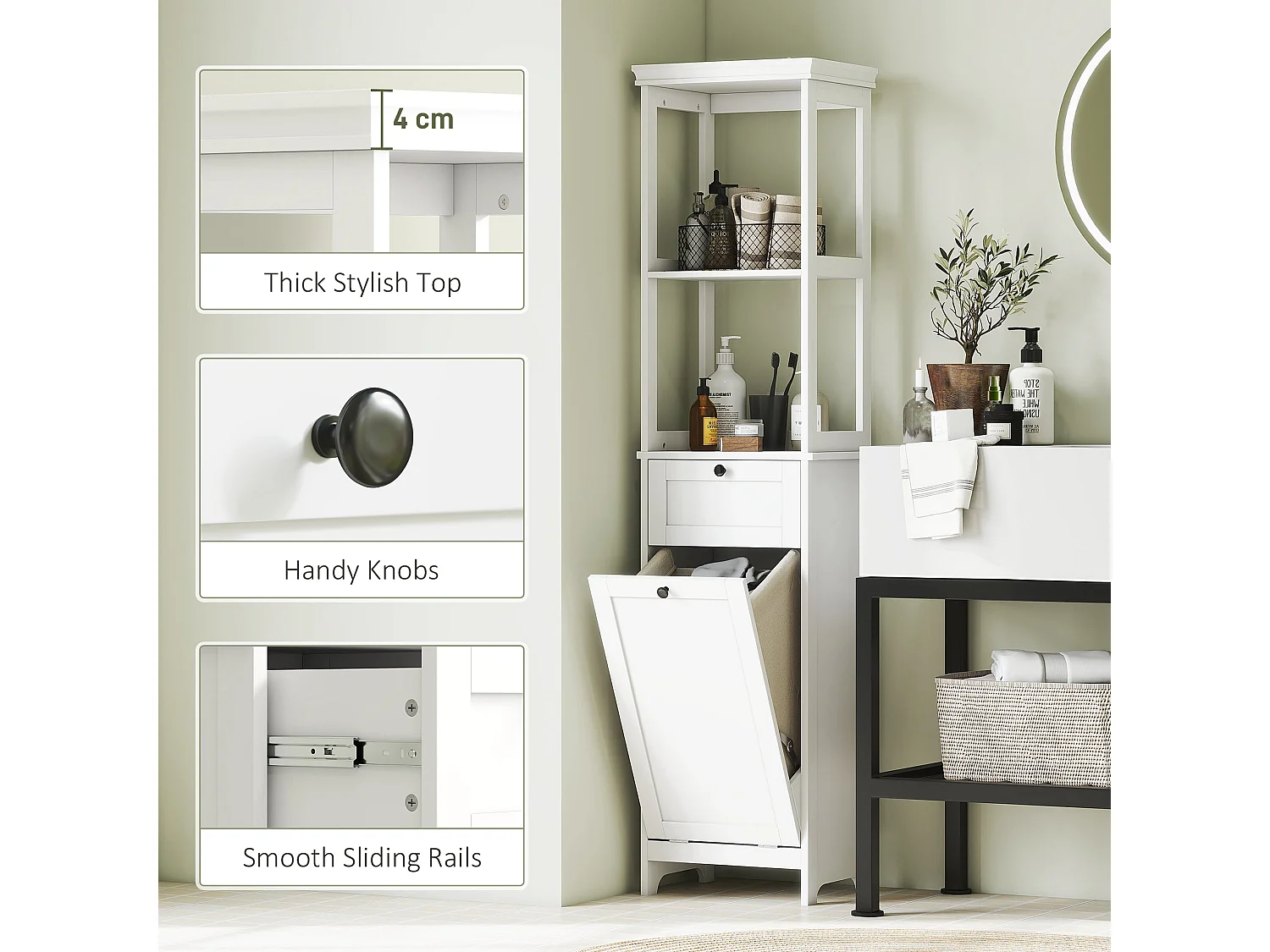 Elnova Tall Bathroom Storage Cabinet with 30L Integrated Laundry Basket White