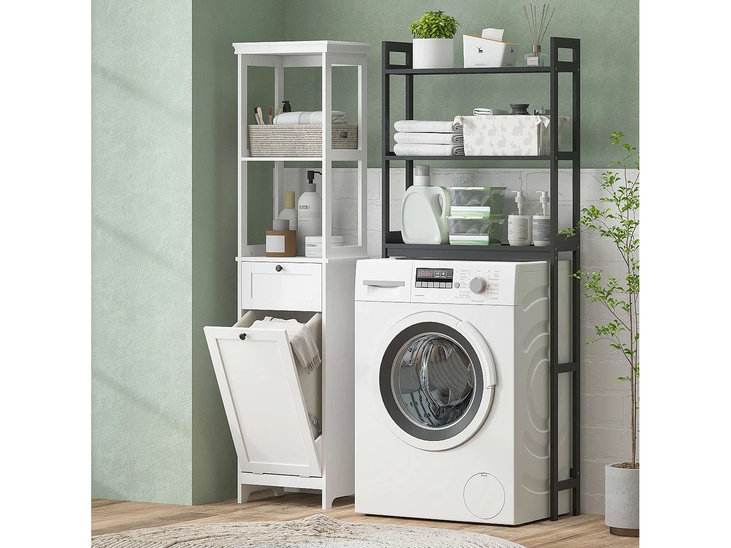 Elnova Tall Bathroom Storage Cabinet with 30L Integrated Laundry Basket White