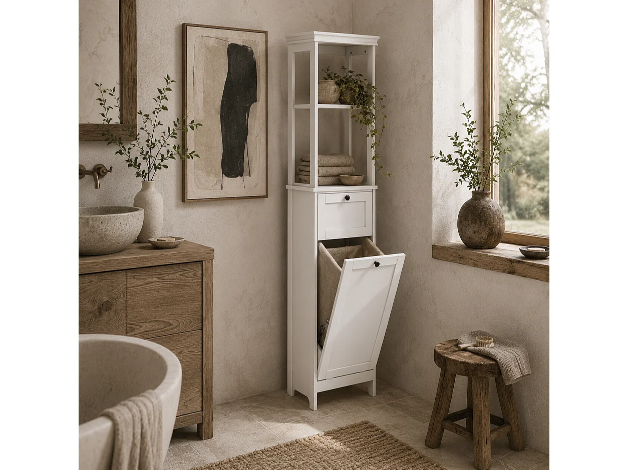 Elnova Tall Bathroom Storage Cabinet with 30L Integrated Laundry Basket White