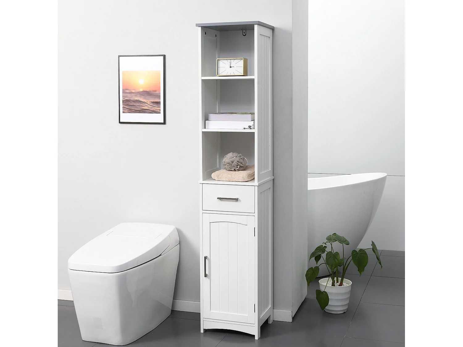 Noka 163cm Slim Wall Mounted Bathroom Linen Cabinet White with Light Grey Accent