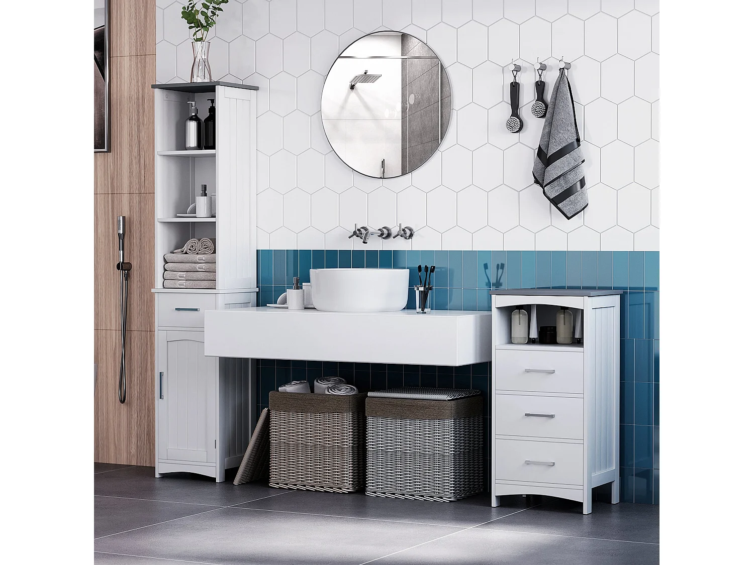 Noka 163cm Slim Wall Mounted Bathroom Linen Cabinet White with Light Grey Accent