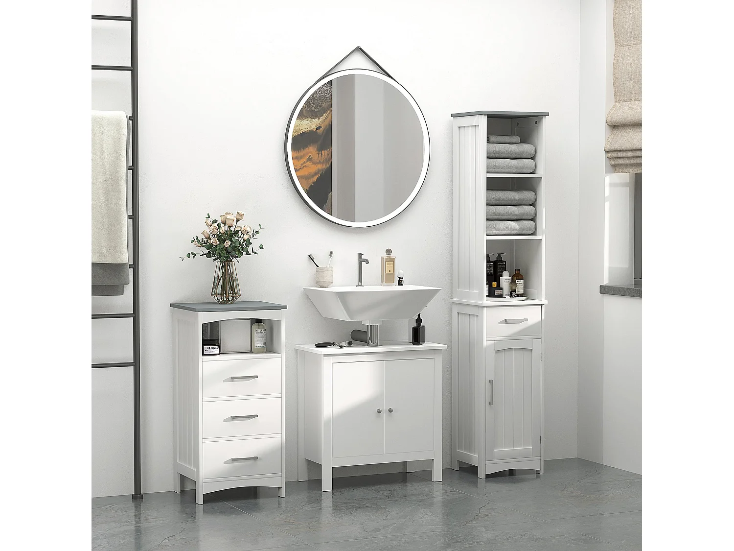 Noka 163cm Slim Wall Mounted Bathroom Linen Cabinet White with Light Grey Accent