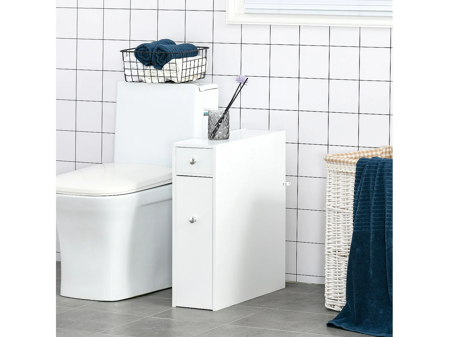 Ninemi Narrow Bathroom Floor Cabinet with Drawers White