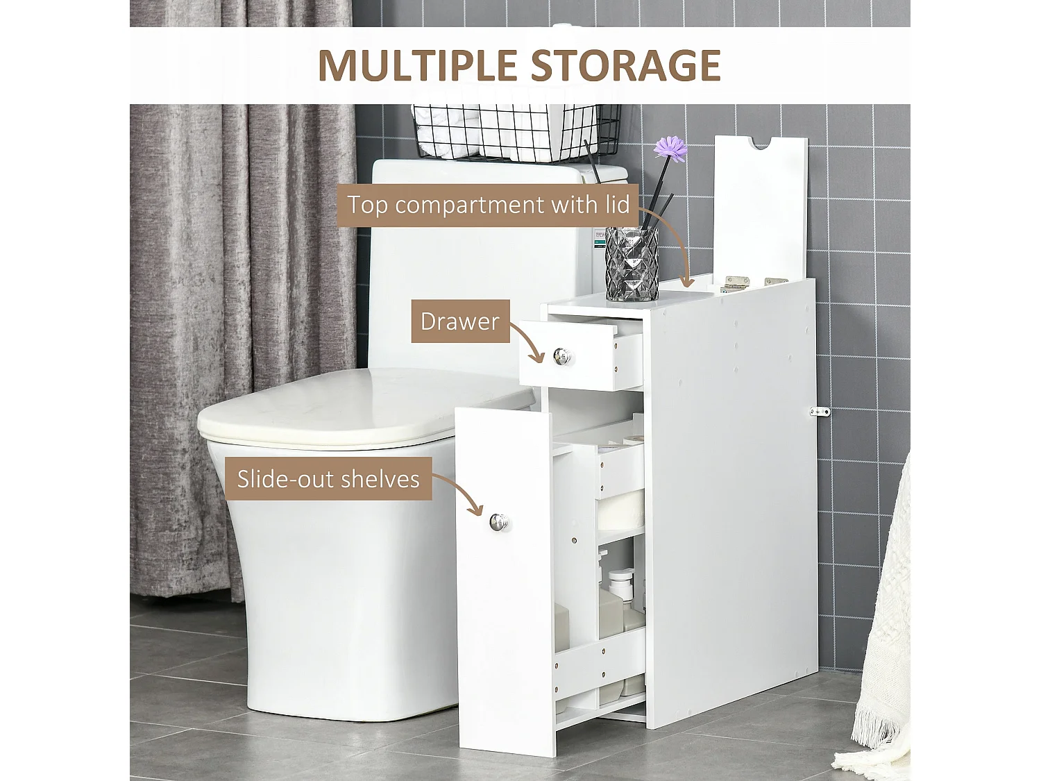 Ninemi Narrow Bathroom Floor Cabinet with Drawers White