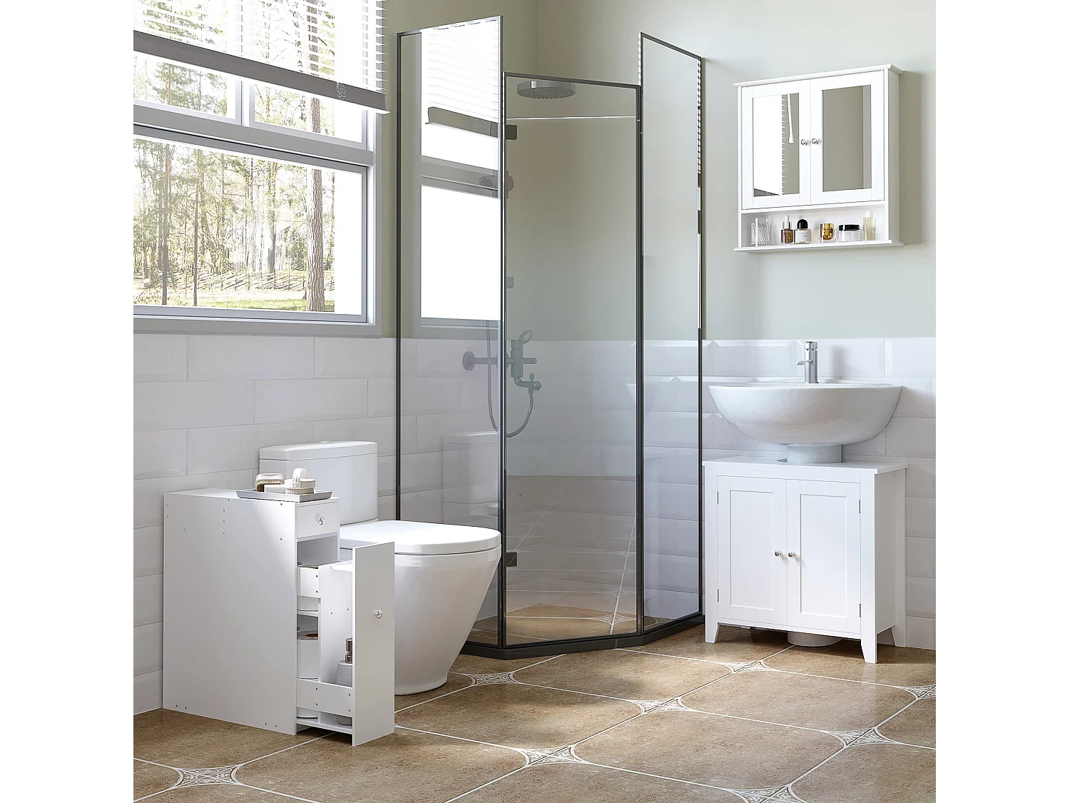 Ninemi Narrow Bathroom Floor Cabinet with Drawers White