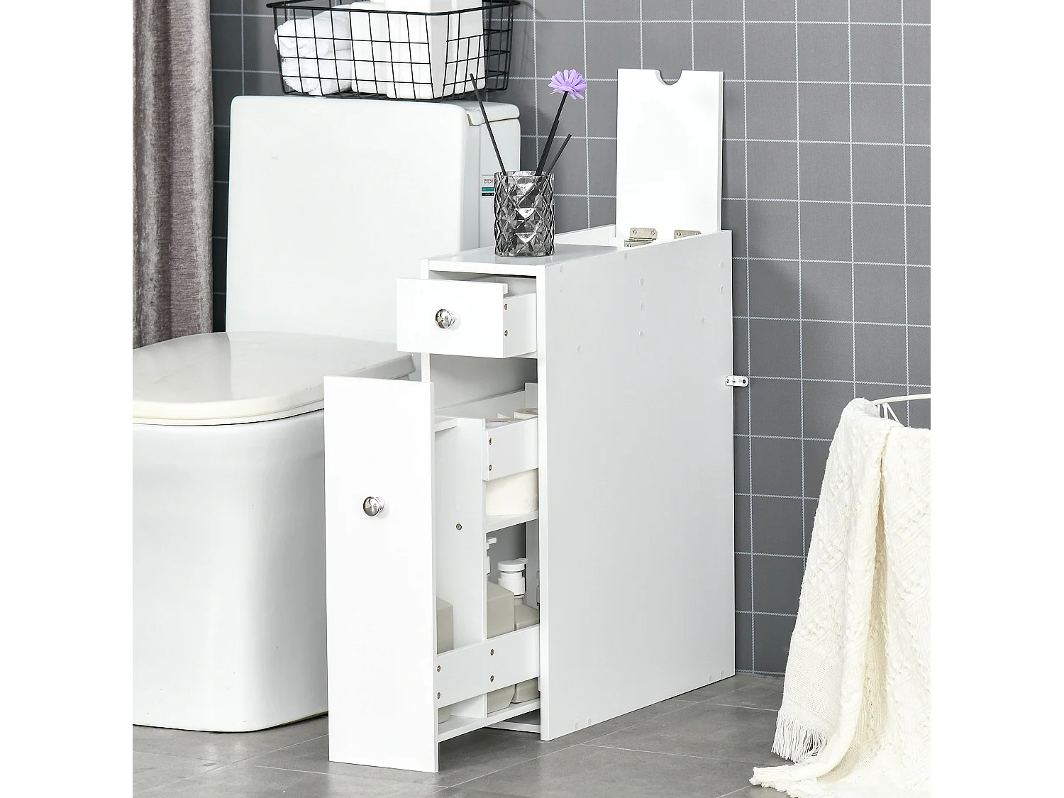 Ninemi Narrow Bathroom Floor Cabinet with Drawers White